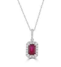 Emerald cut ruby pendant with diamond halo in 14K white gold