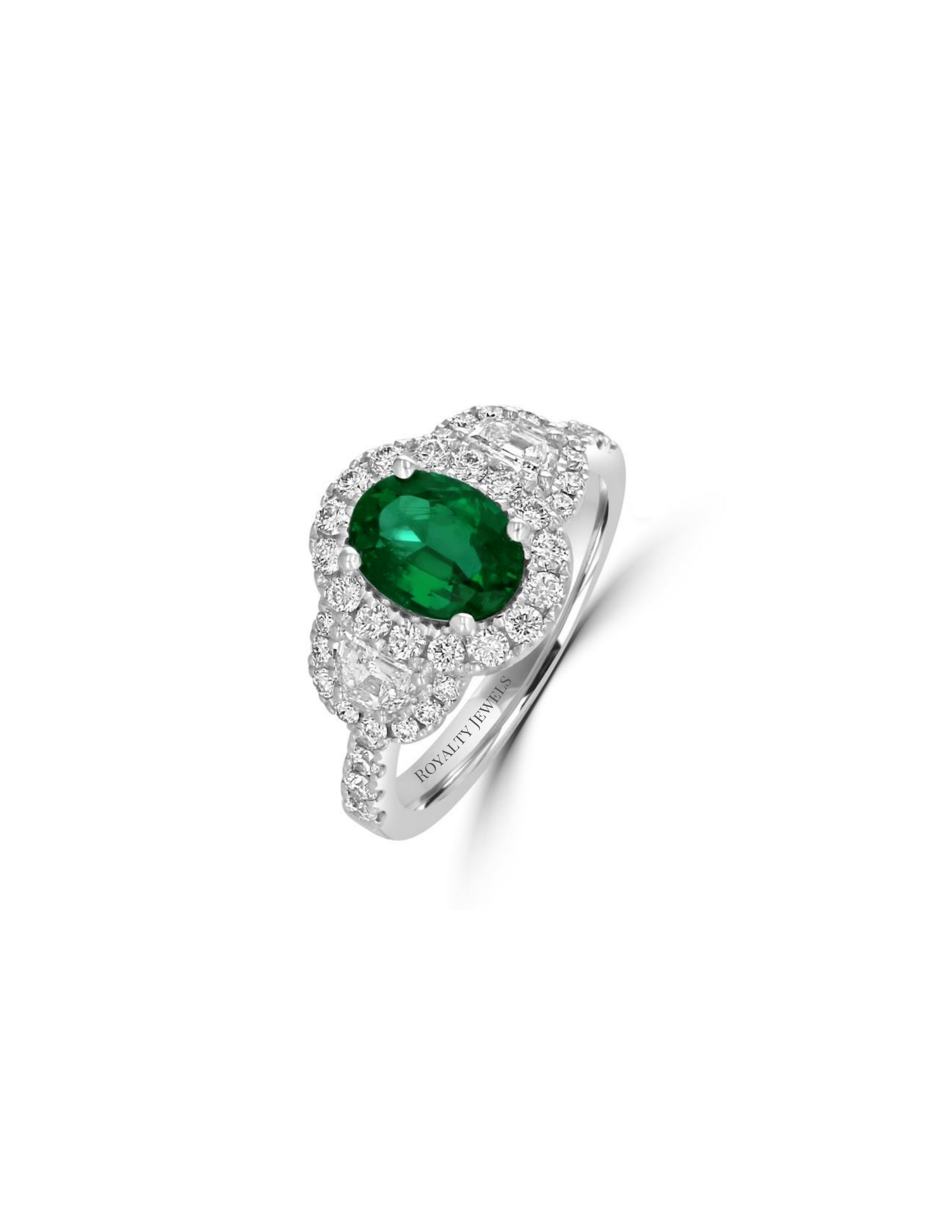 Luxury oval emerald and diamond halo ring set in 14K white gold, featuring brilliant-cut diamonds on a polished band.

