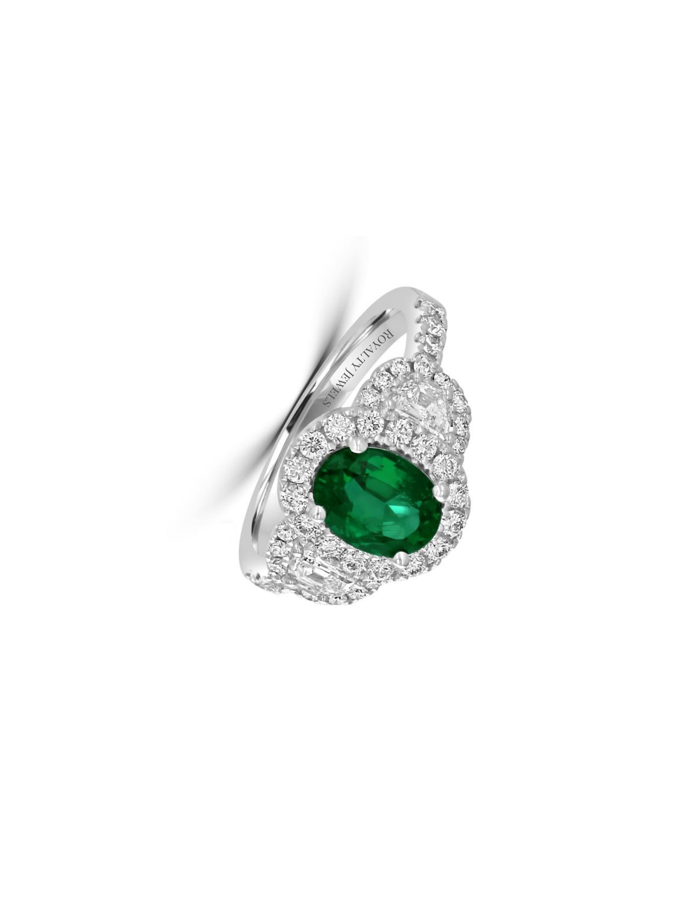 14K White Gold 2ct Oval Emerald & Diamond Halo Ring