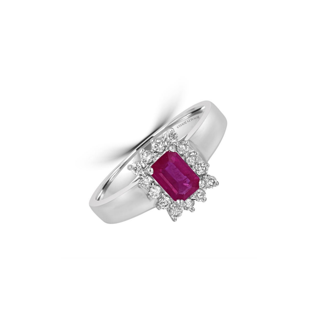 Emerald-cut ruby halo ring with round diamonds in 14K white gold

