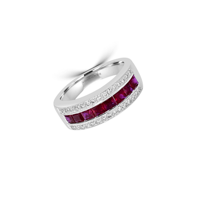 14K White Gold Square Ruby and Diamond Channel-Set Band Ring

