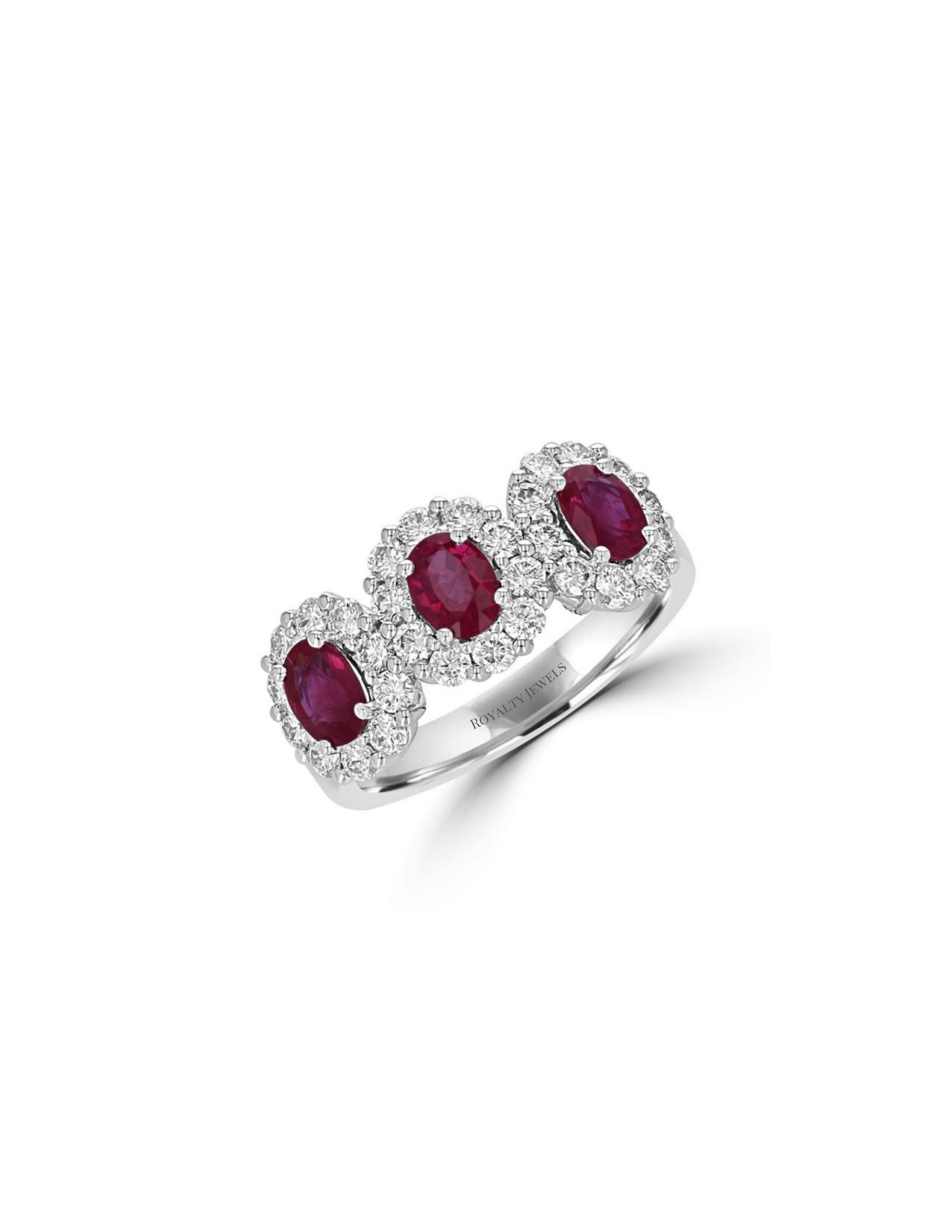 Three oval ruby and diamond halo ring in 14K white gold with split shank design