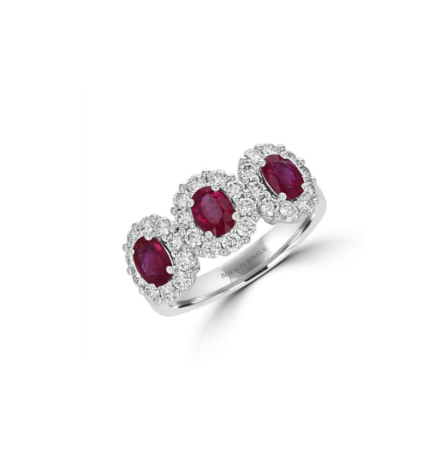 Three oval ruby and diamond halo ring in 14K white gold with split shank design