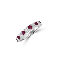 Alternating round ruby and diamond band ring in 14K white gold

