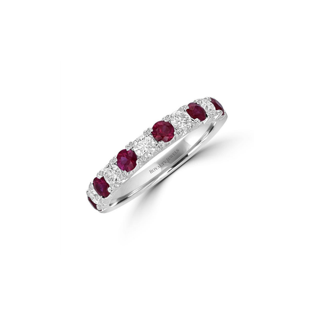 Alternating round ruby and diamond band ring in 14K white gold

