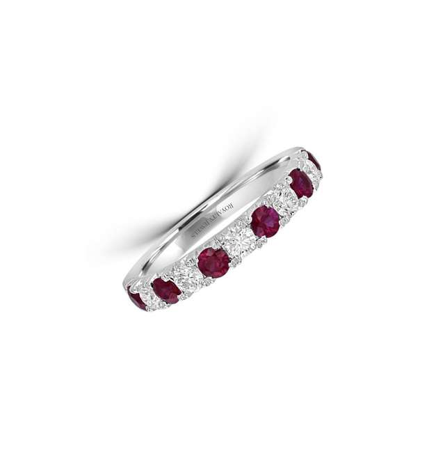 Alternating round ruby and diamond band ring in 14K white gold

