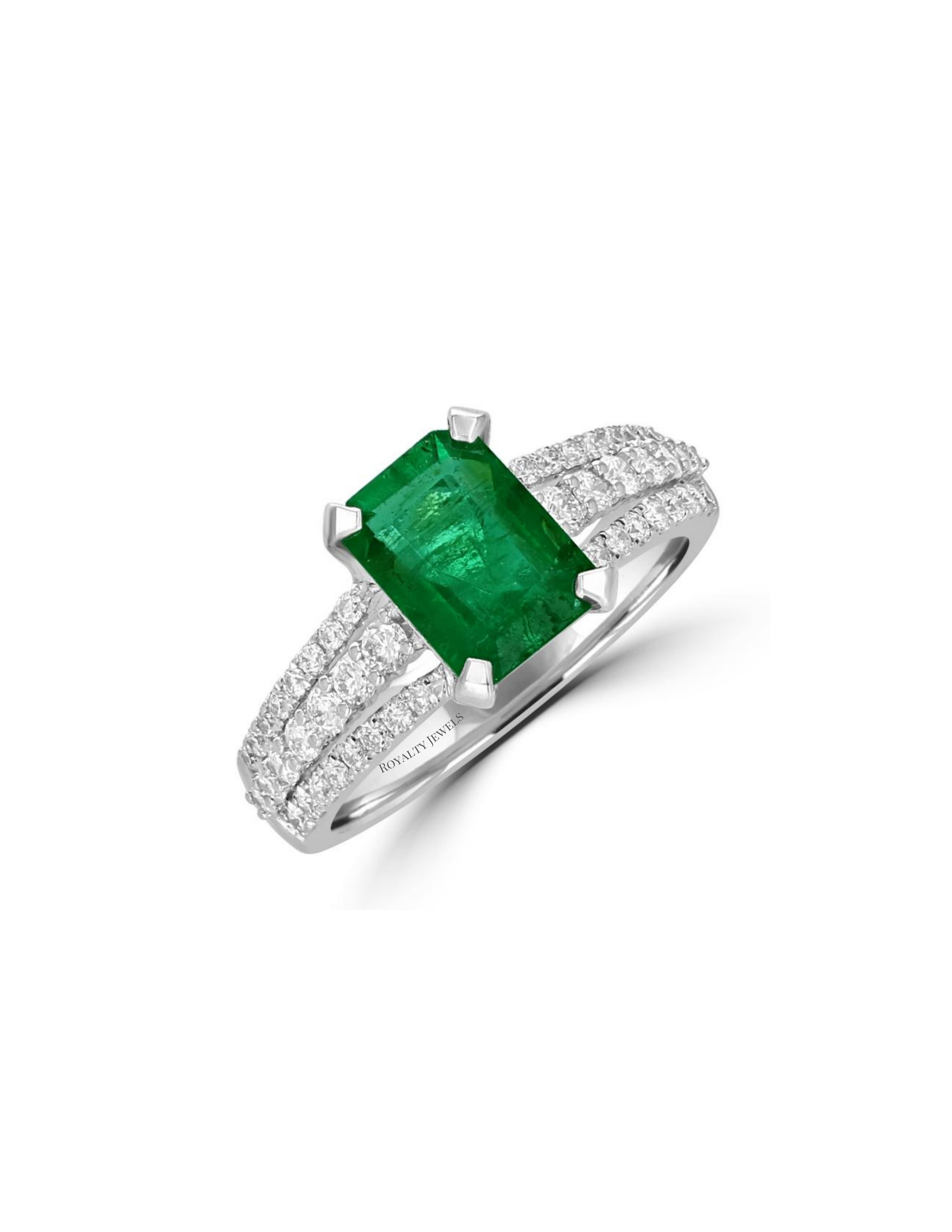 14K white gold ring featuring emerald-cut emerald with three rows of round diamonds on shank

