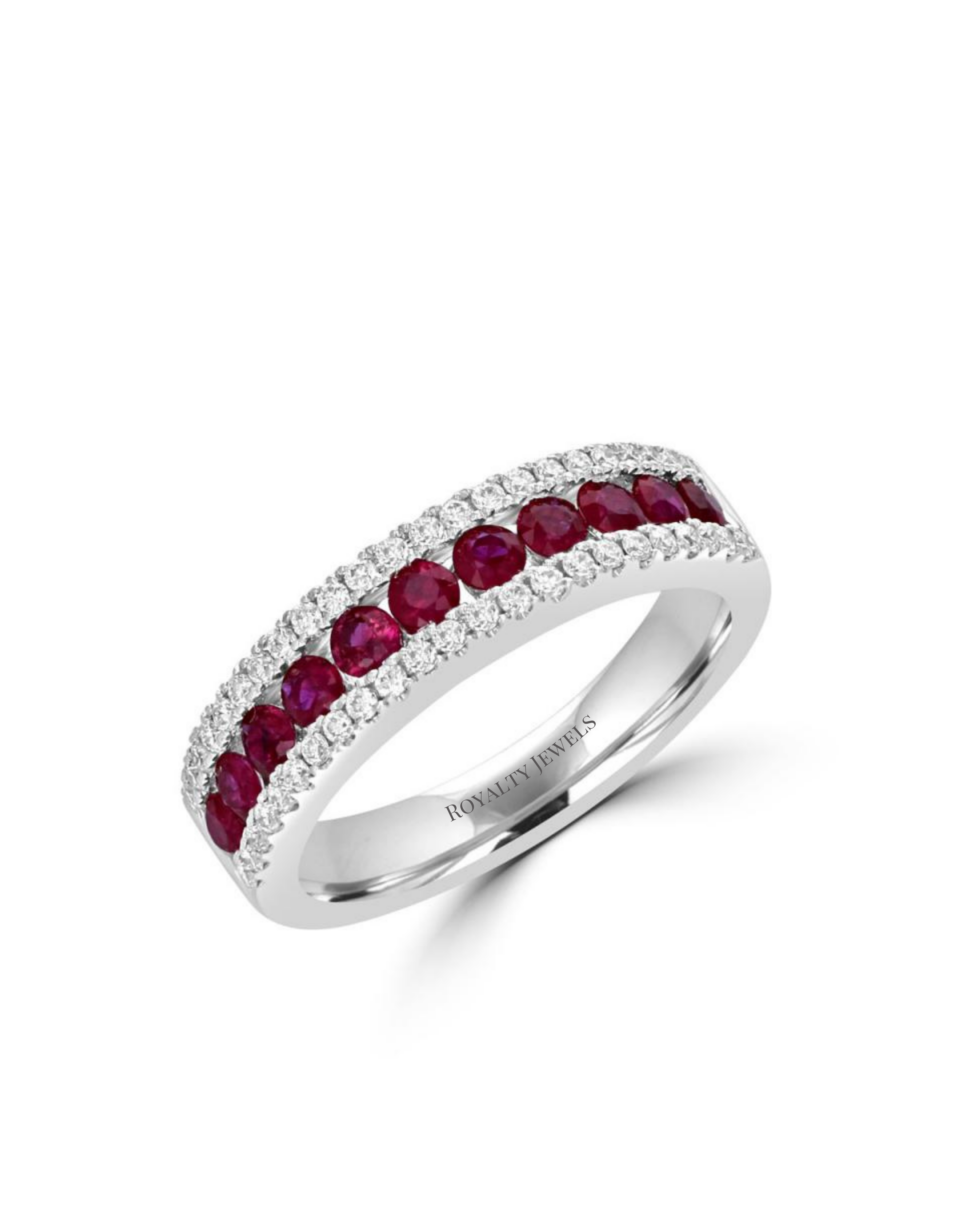 14K white gold band ring with alternating round rubies and diamonds

