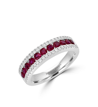 14K white gold band ring with alternating round rubies and diamonds

