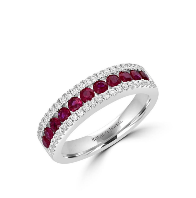 14K white gold band ring with alternating round rubies and diamonds

