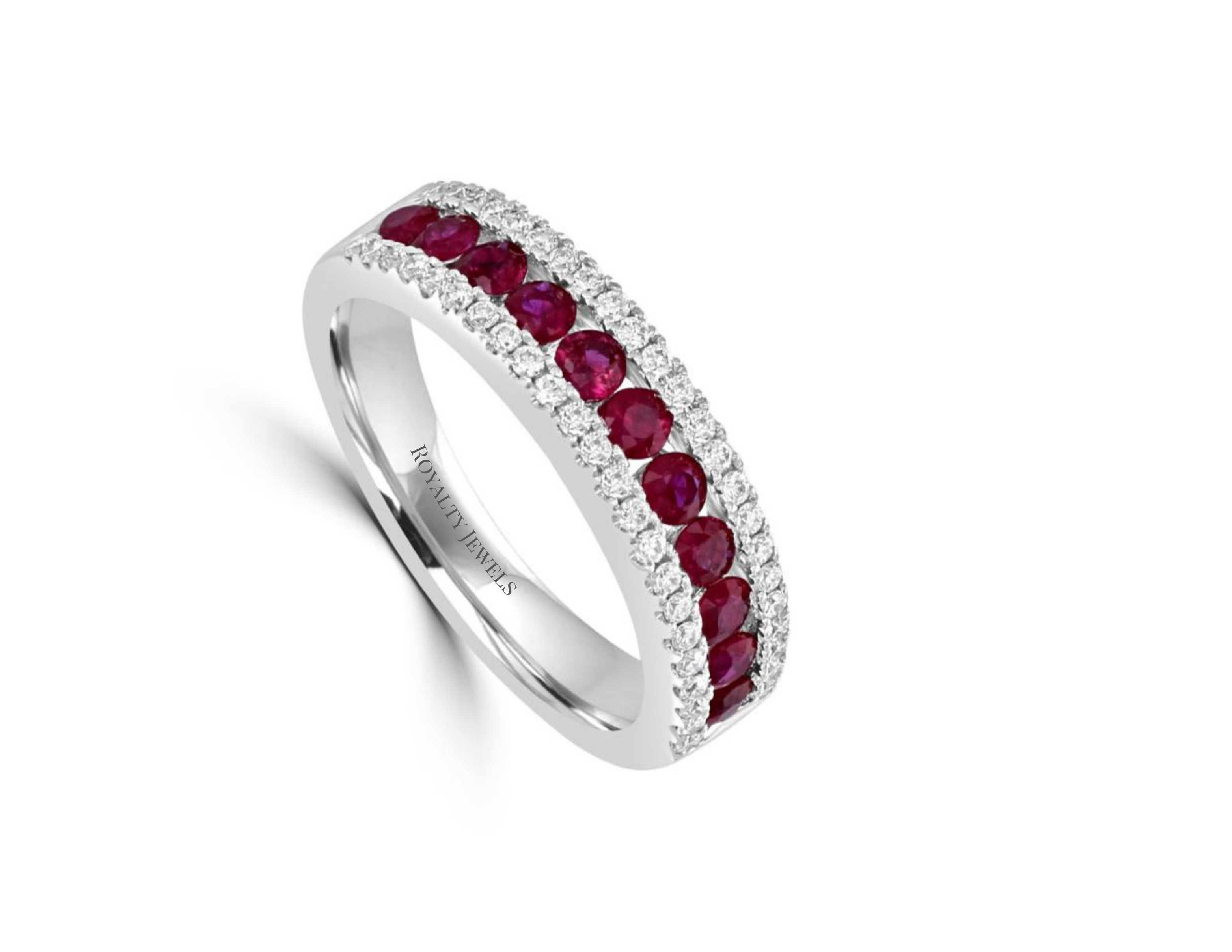 14K White Gold Round 2ct Ruby & Diamond Band Ring