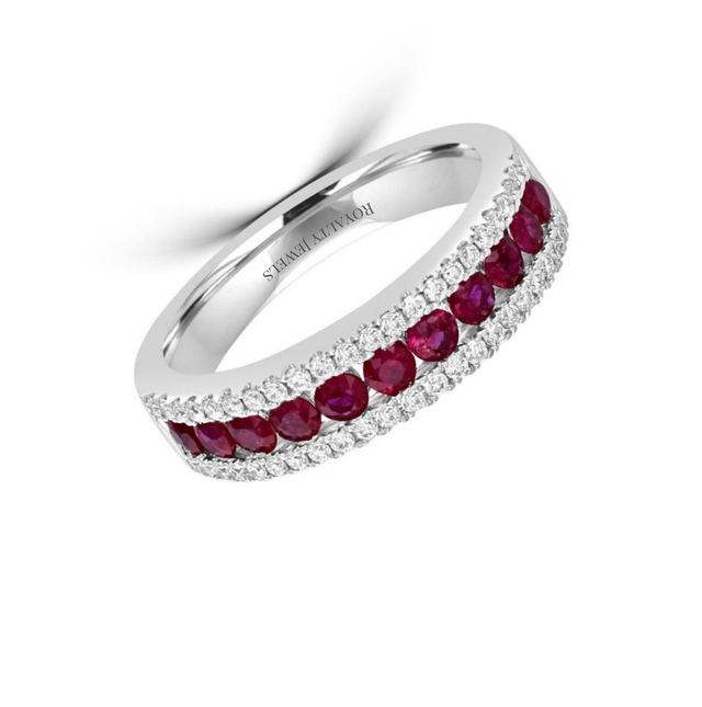 14K white gold band ring with alternating round rubies and diamonds

