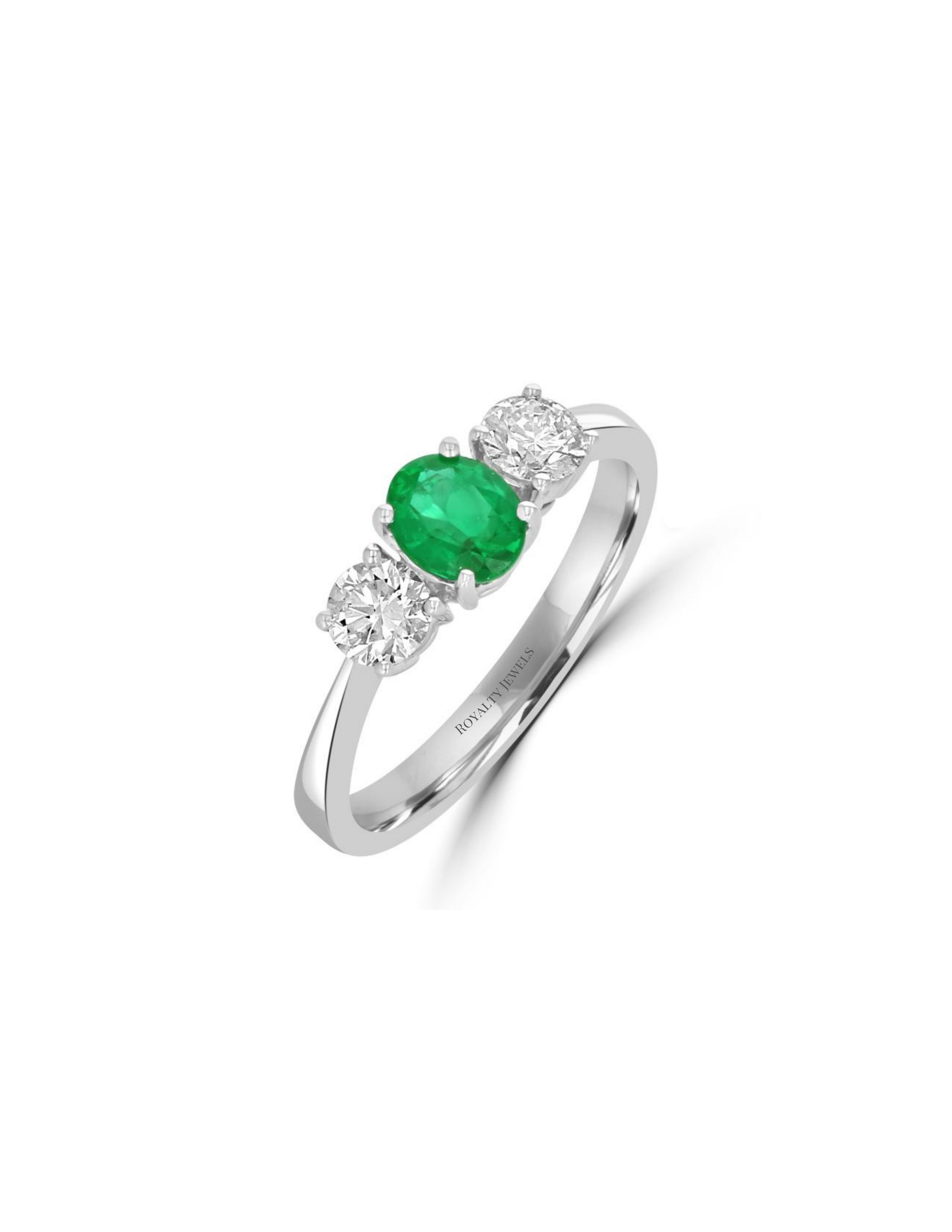Luxury 14K white gold ring with oval emerald and two round diamonds
