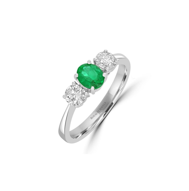Luxury 14K white gold ring with oval emerald and two round diamonds
