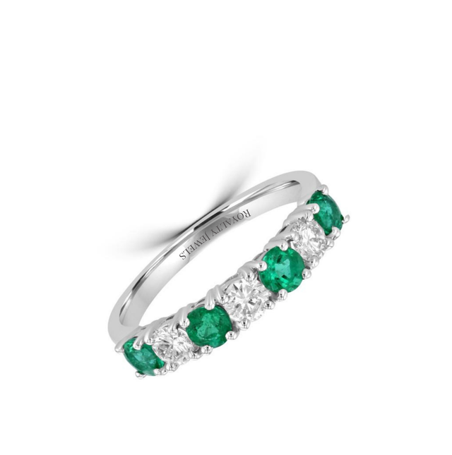 14K White Gold Band Ring with Alternating Round Emeralds and Diamonds

