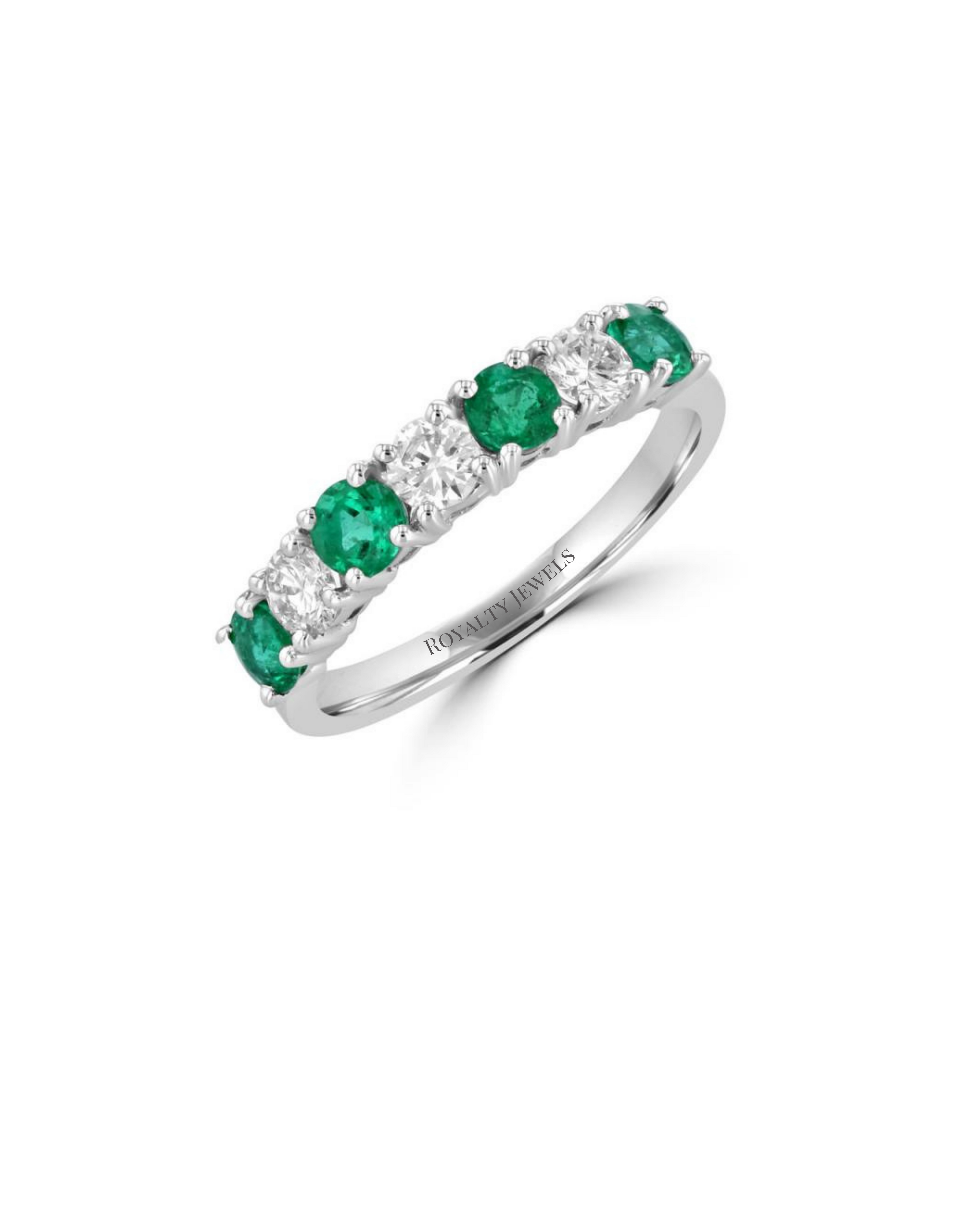 14K White Gold Band Ring with Alternating Round Emeralds and Diamonds

