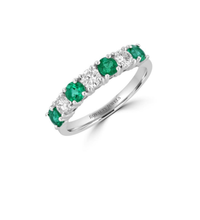 14K White Gold Band Ring with Alternating Round Emeralds and Diamonds

