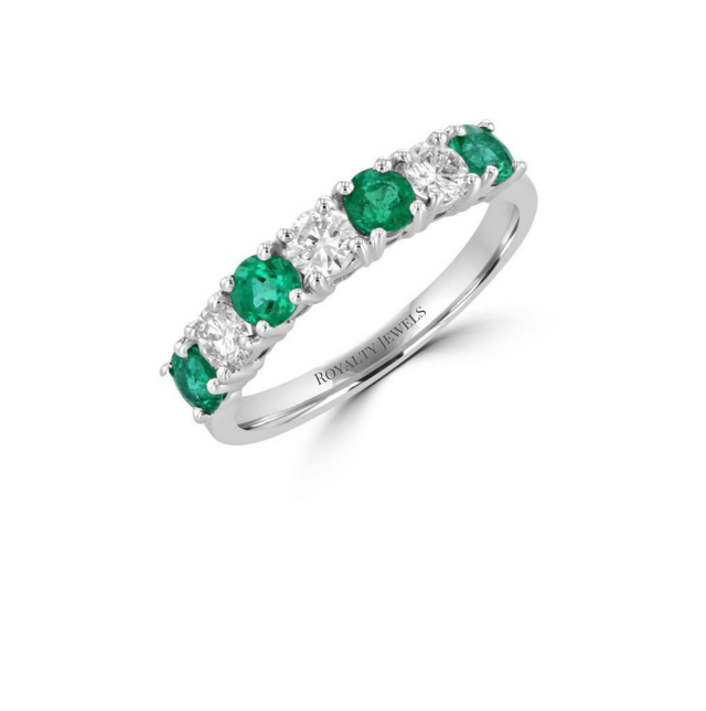 14K White Gold Band Ring with Alternating Round Emeralds and Diamonds

