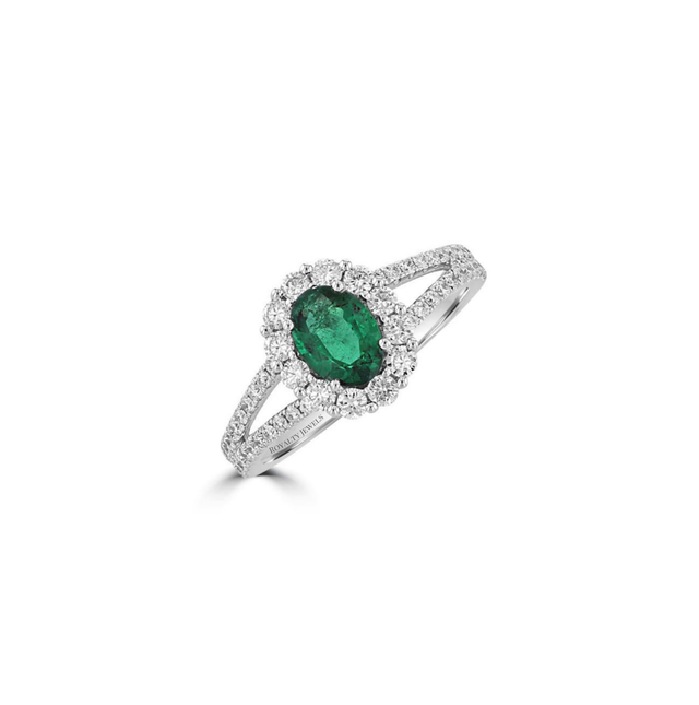 oval emerald and diamond halo ring in 14K white gold with split shank design