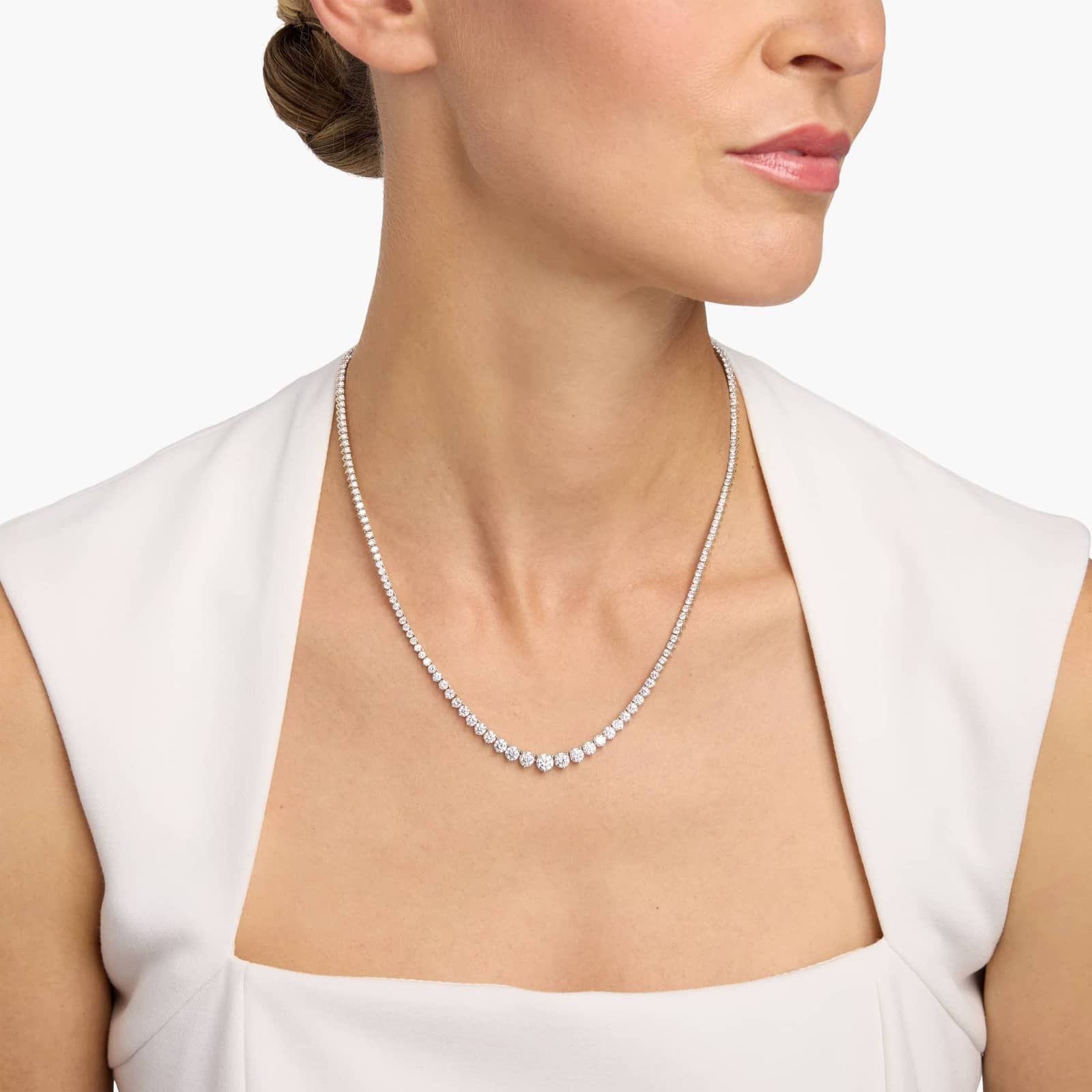 14K White Gold Graduated Lab Diamond Eternity Necklace 16 Inch