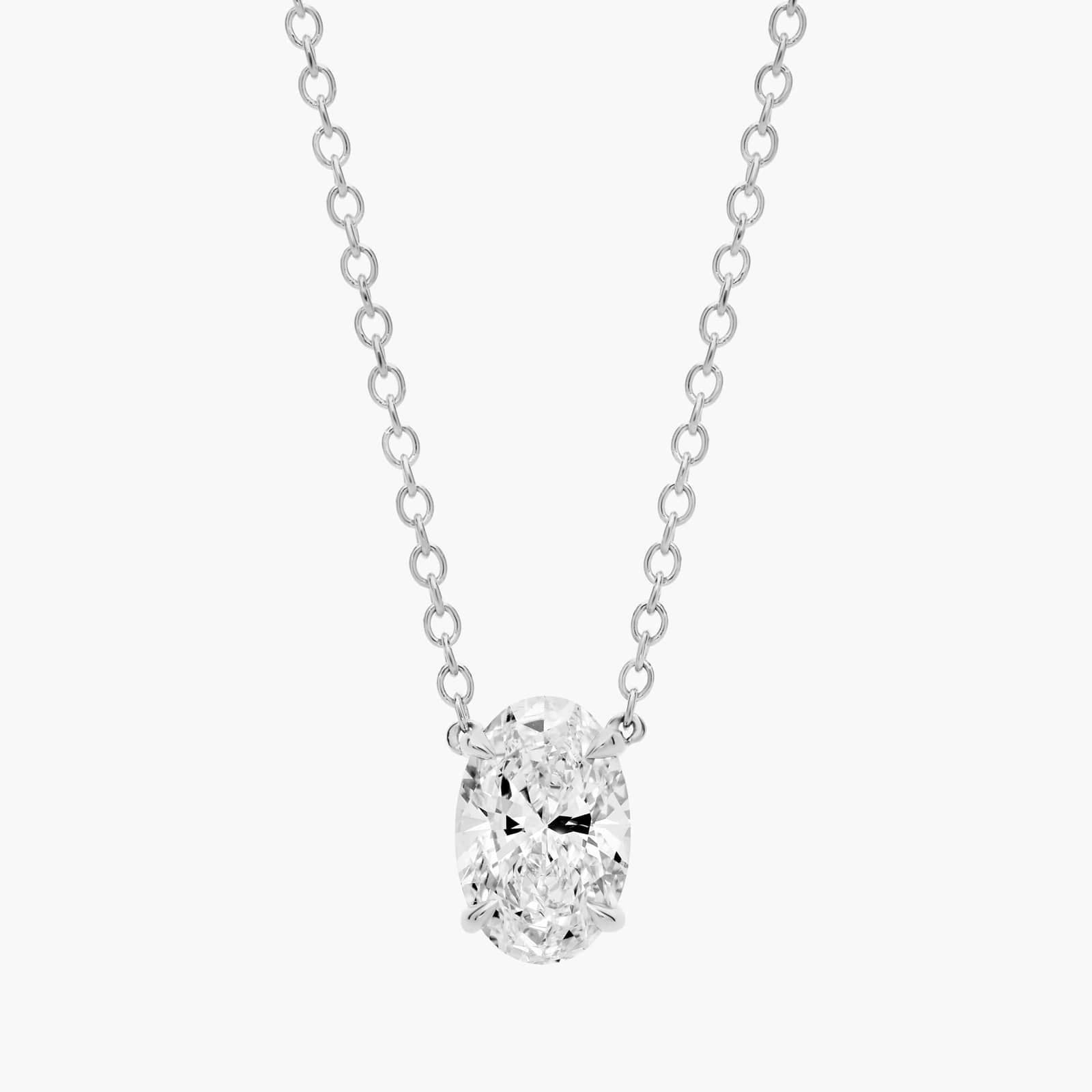 14K white gold necklace with oval lab-grown diamond pendant on fine chain