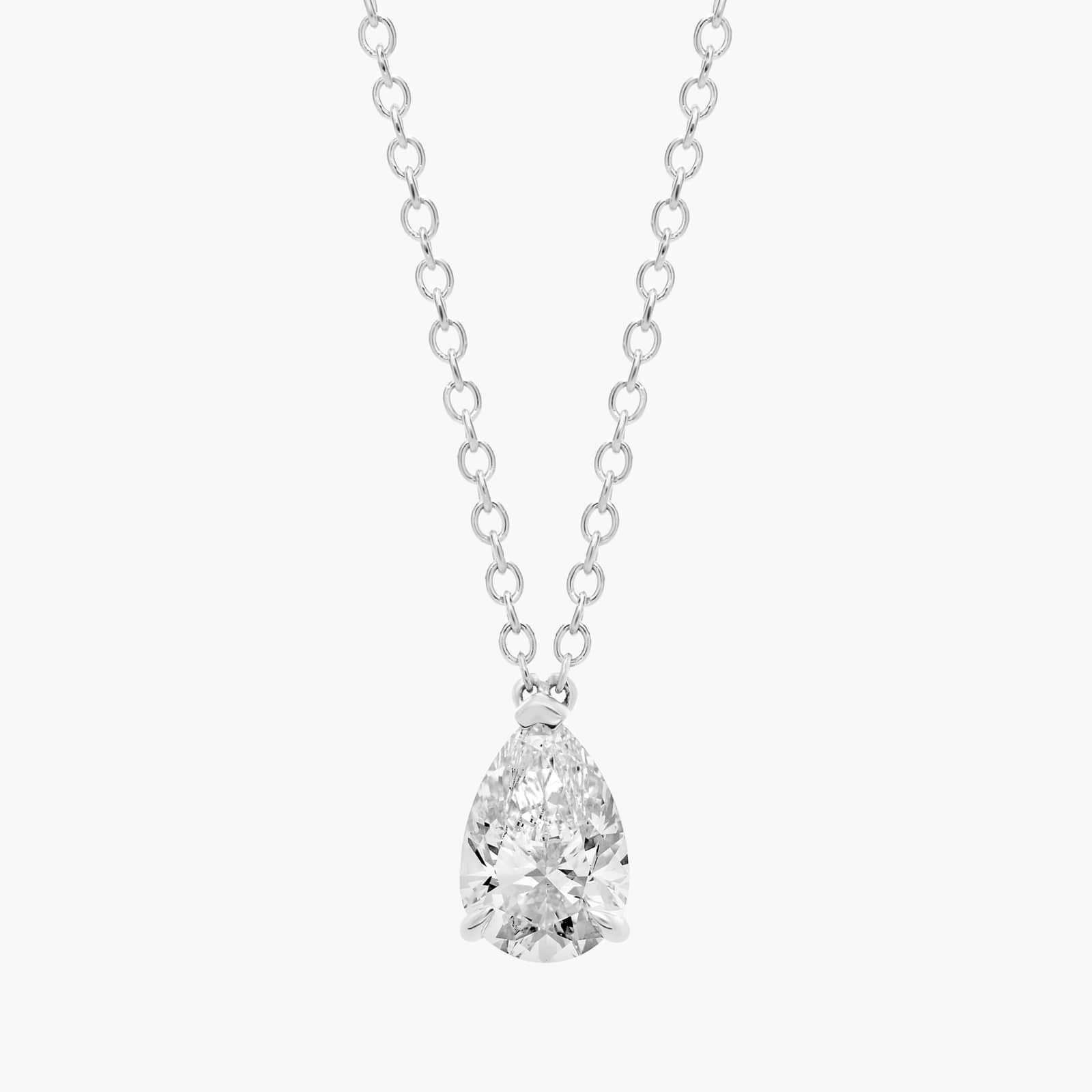 Pear-cut solitaire lab-grown diamond pendant in solid 14K gold on a delicate chain, available in yellow, white, or rose gold.

