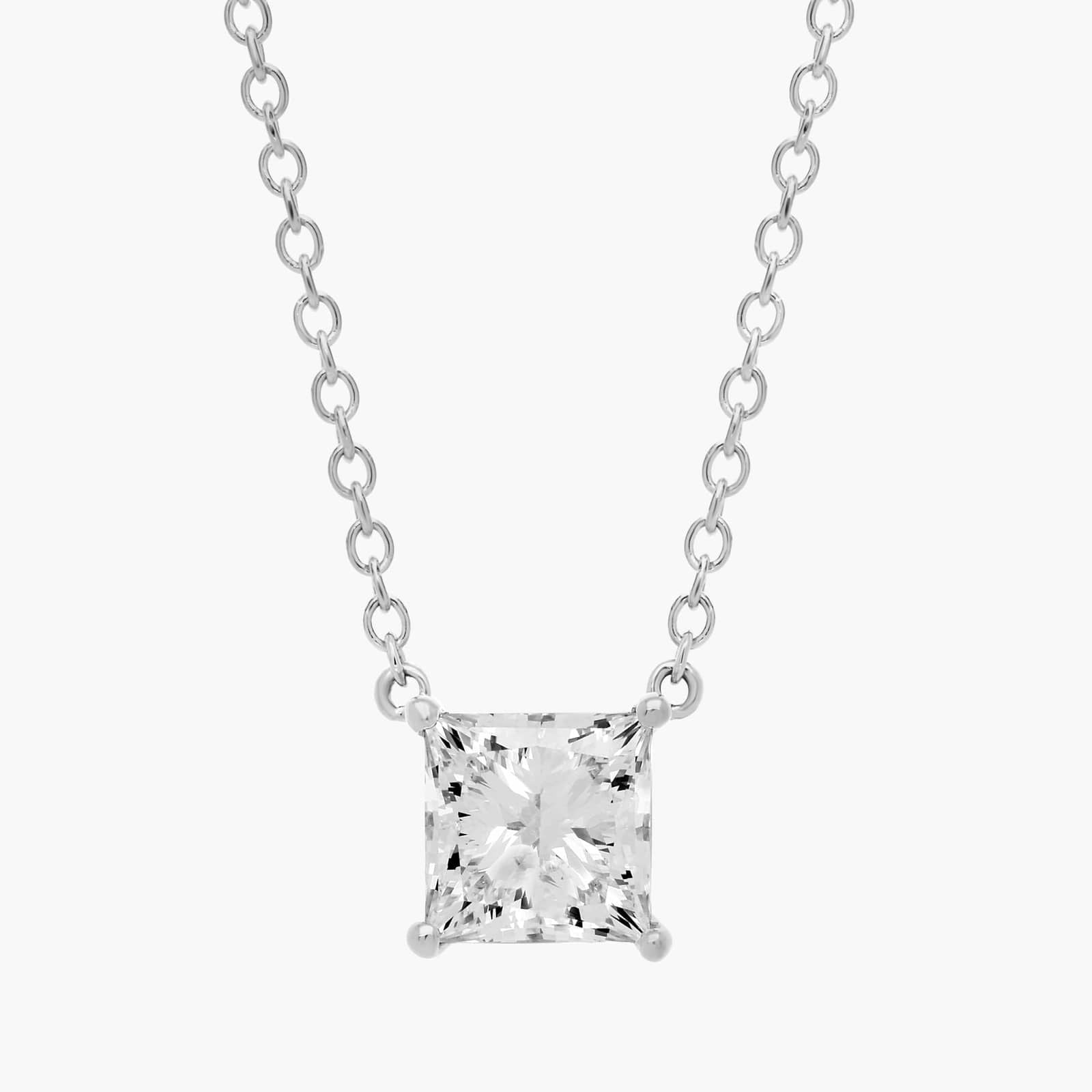 Princess-cut diamond solitaire pendant necklace in 14K white gold on a fine chain