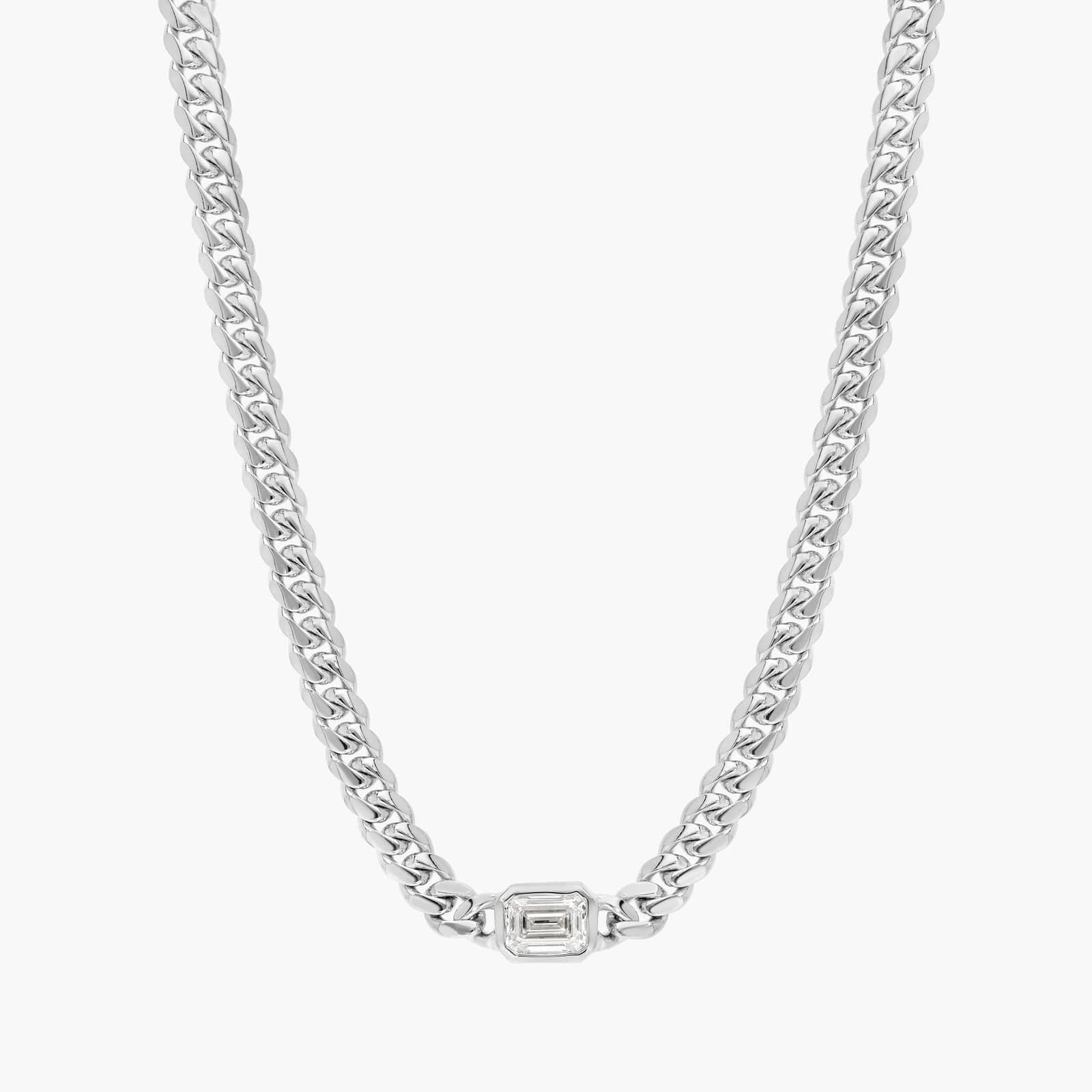 14K gold curb chain necklace with emerald-cut lab-grown diamond centerpiece in yellow and white gold