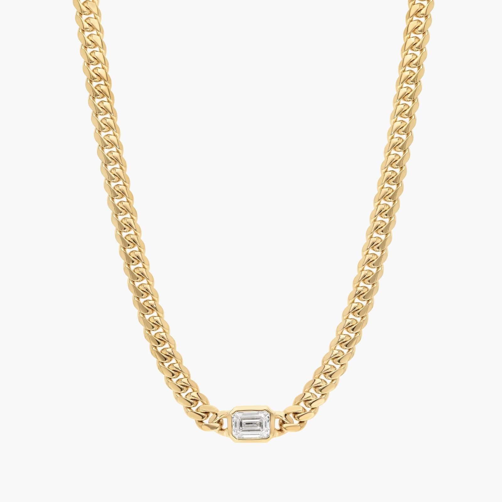 14K Gold Curb Chain Necklace 2mm with Lab Emerald-Cut Diamond