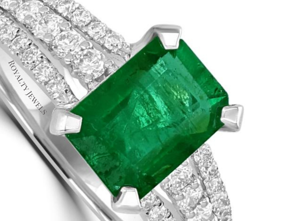 4ct Emerald Cut Emerald & Diamond Trio Shank Ring 14K Gold
