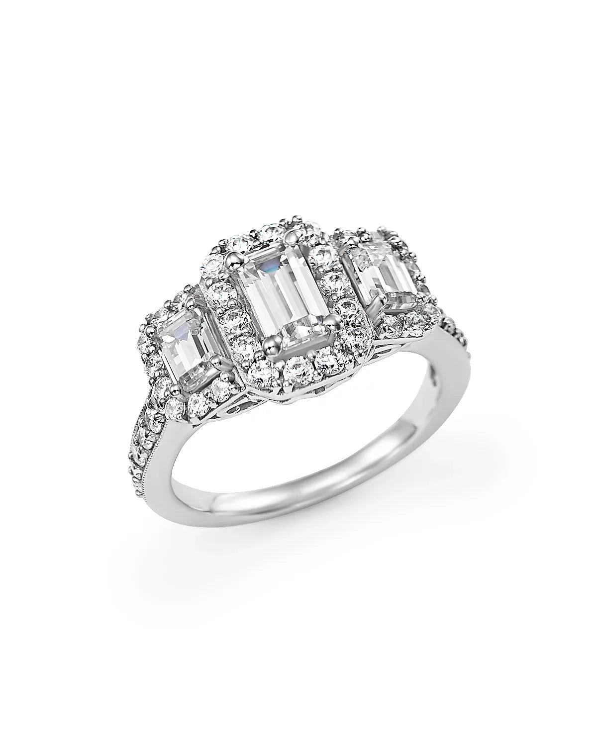 14K white gold diamond halo ring with emerald-cut lab-grown diamonds, featuring a triple halo pavé setting, perfect for bridal and fine jewelry collections.
