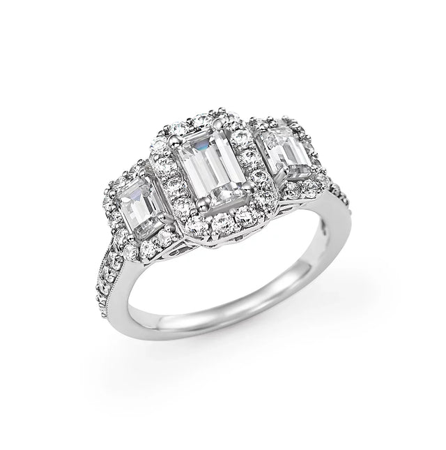 14K white gold diamond halo ring with emerald-cut lab-grown diamonds, featuring a triple halo pavé setting, perfect for bridal and fine jewelry collections.
