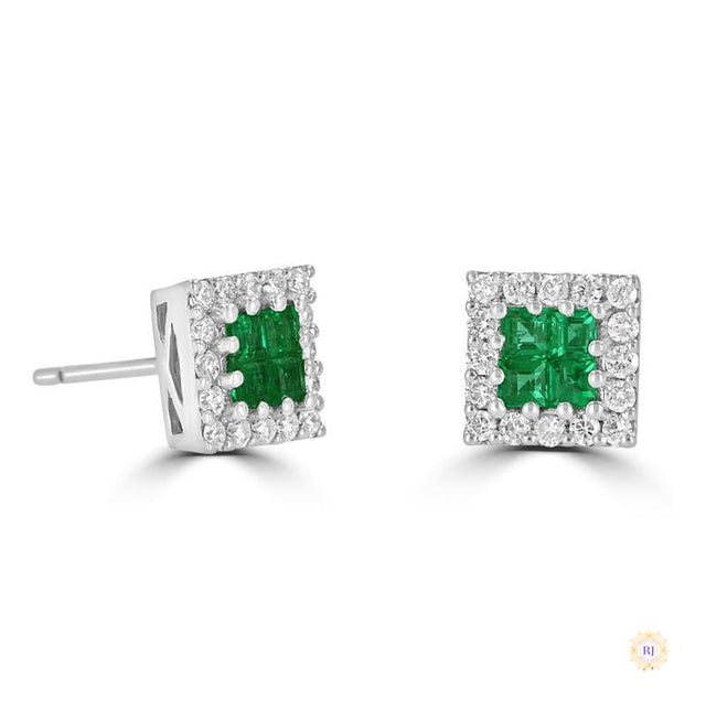 Invisible Set Emerald & Diamond Halo Stud Earrings