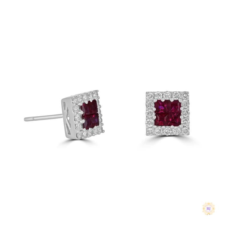 Princess-Cut Ruby Halo Diamond Stud Earrings