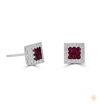 Princess-Cut Ruby Halo Diamond Stud Earrings