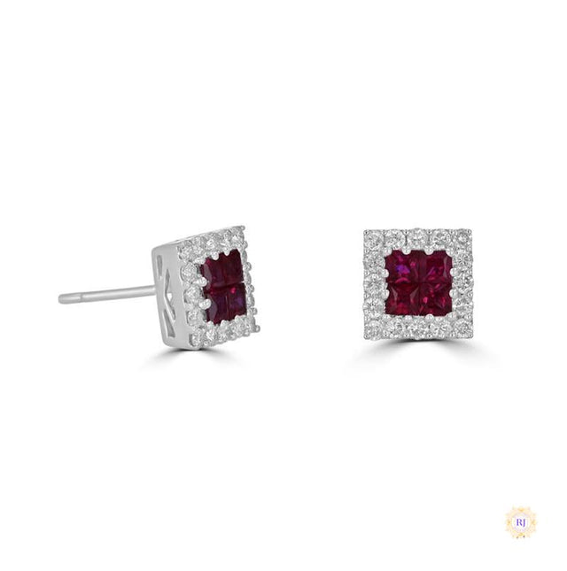 Princess-Cut Ruby Halo Diamond Stud Earrings