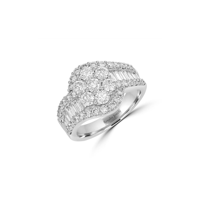 14K White Gold Crossover Ring with Lab-Grown Diamond Cluster and Baguette Accents