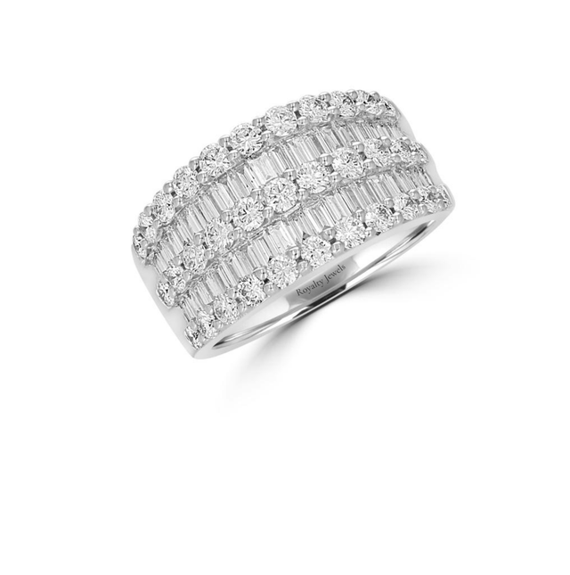 14K White Gold Multi-Row Ring with Round and Baguette Lab-Grown Diamonds

