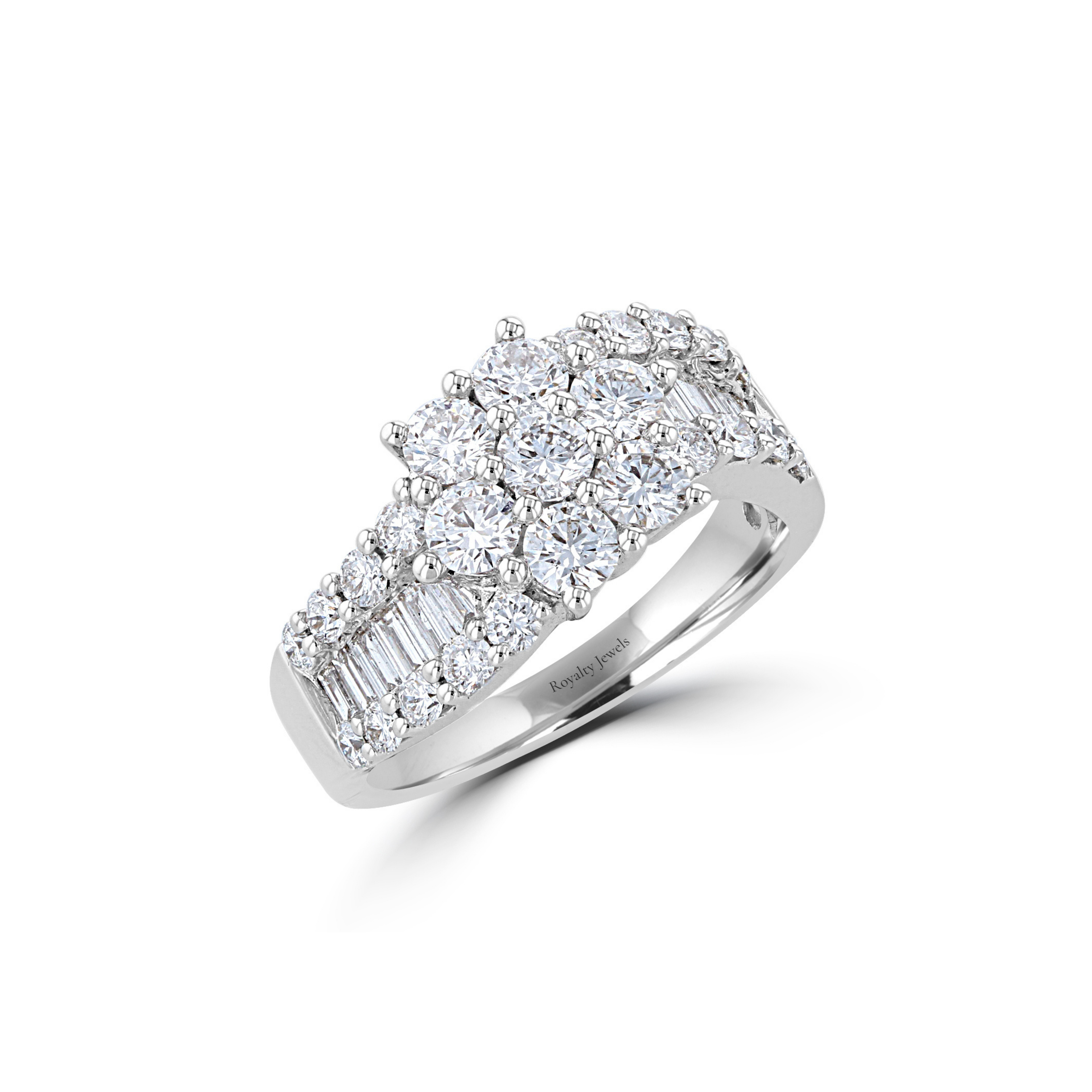 14K White Gold Women's Cluster Lab-Grown Diamond Band Ring with Baguette Accents
