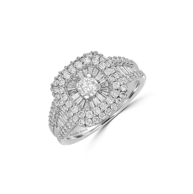 14K White Gold Cluster Halo Ring with Baguette & Round Diamonds

