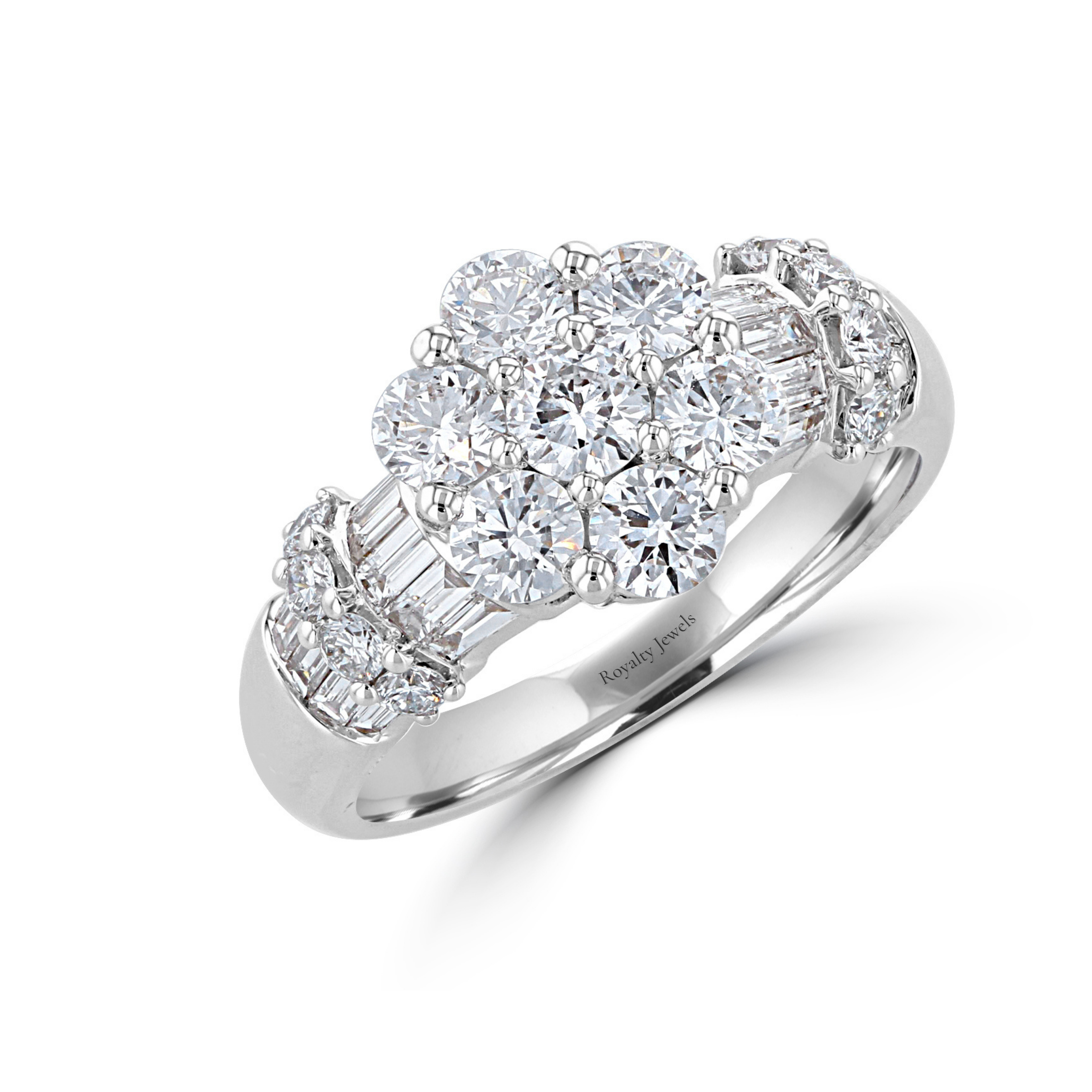 14K White Gold Floral Cluster Ring with Round & Baguette Diamonds


