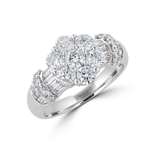 14K White Gold Floral Cluster Ring with Round & Baguette Diamonds

