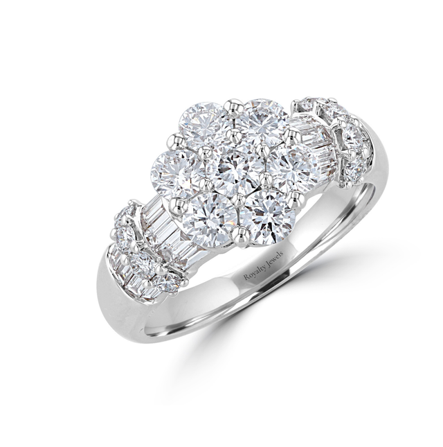 14K White Gold Floral Cluster Ring with Round & Baguette Diamonds

