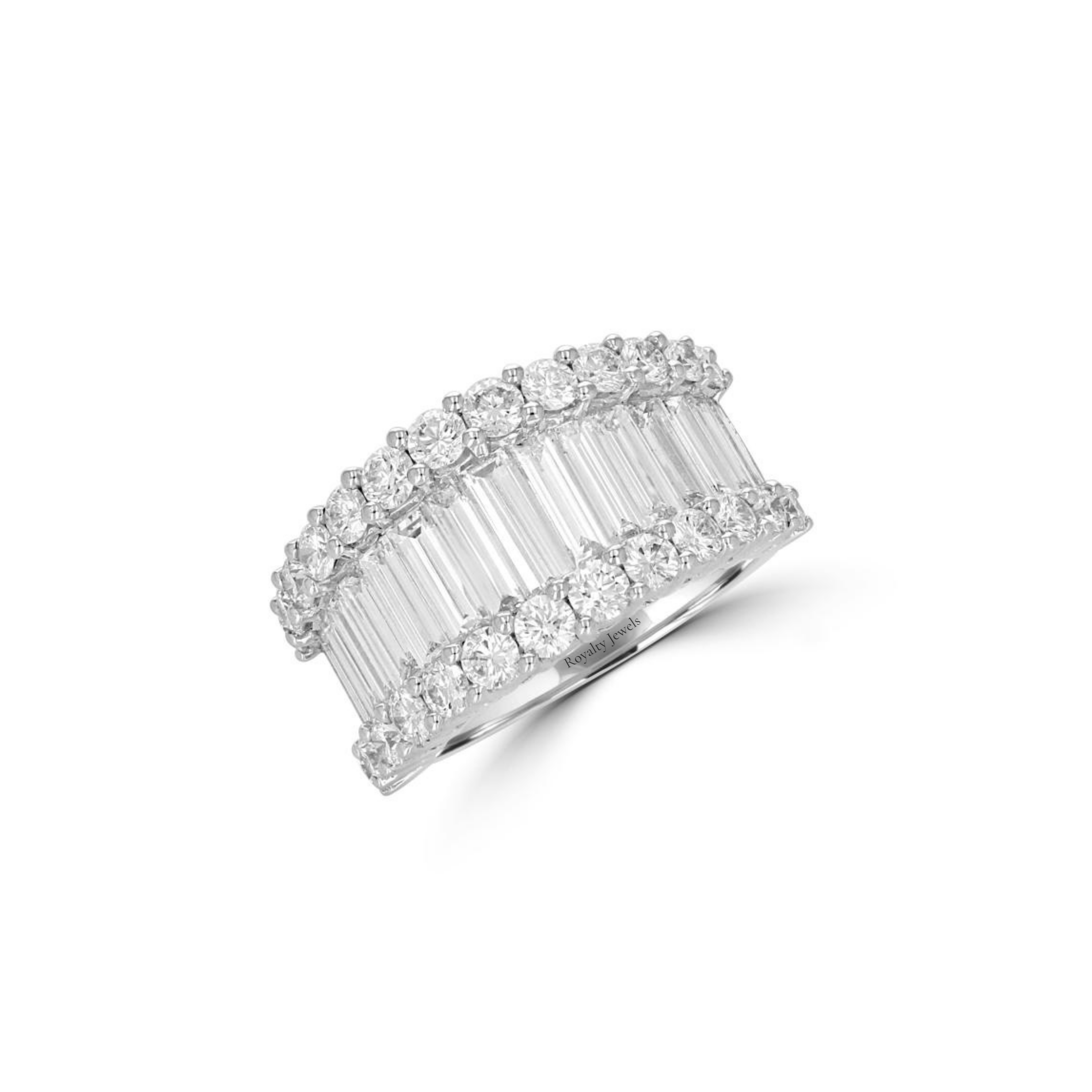 14K White Gold Ring with Baguette and Round Lab-Grown Diamonds


