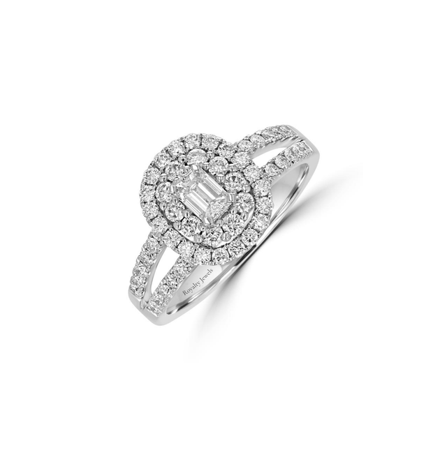 14K White Gold Baguette Diamond Double Halo Engagement Ring