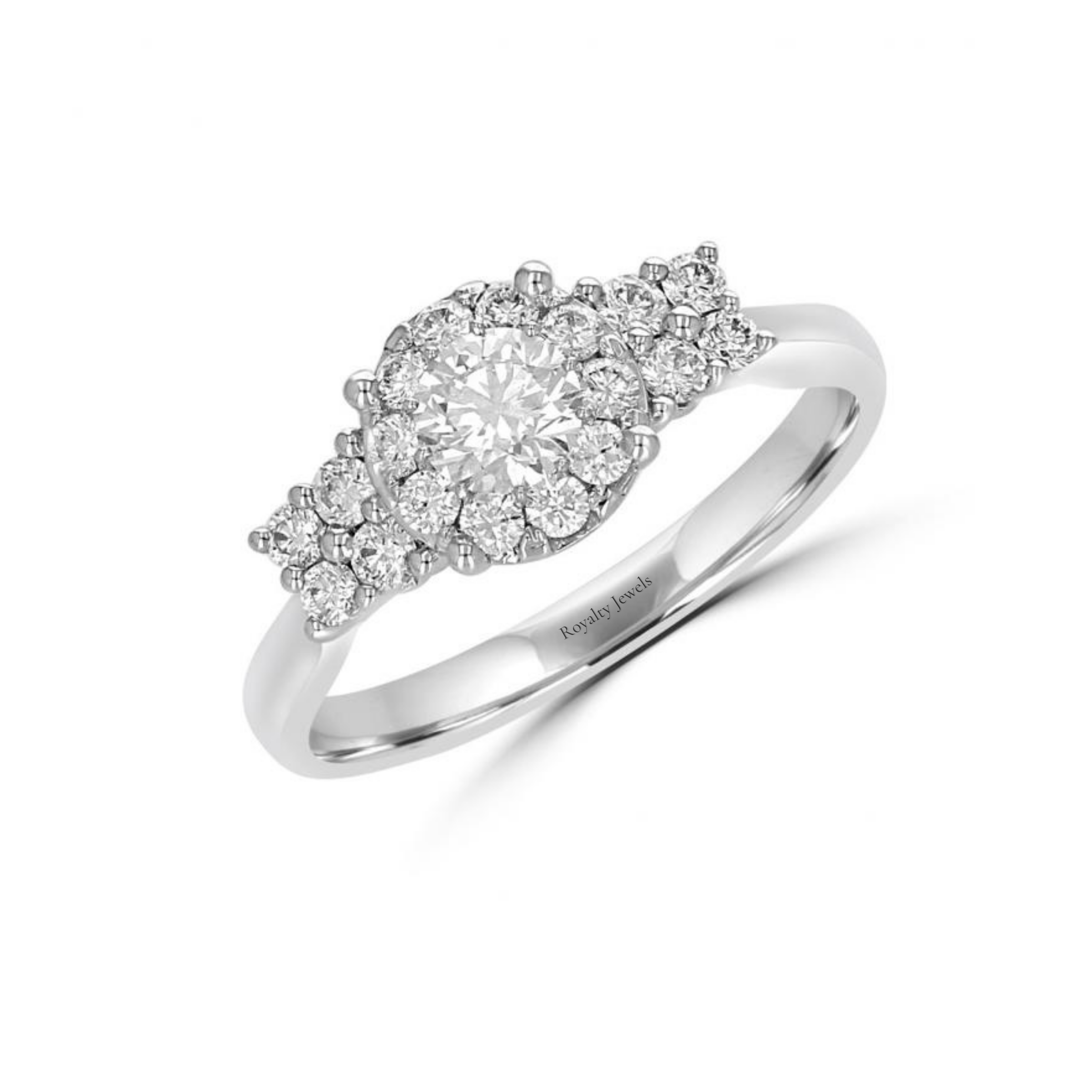 14K White Gold Round Halo Cluster Diamond Ring with Side Accents