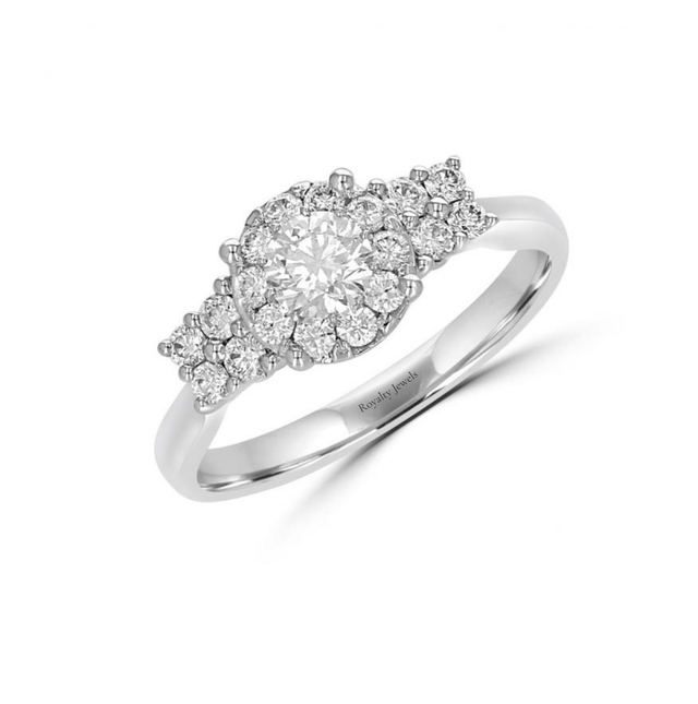 14K White Gold Round Halo Cluster Diamond Ring with Side Accents