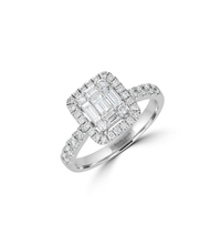 14K White Gold Emerald-Cut Halo Diamond Ring with Round Accent Stones

