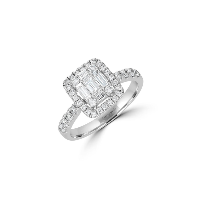 14K White Gold Emerald-Cut Halo Diamond Ring with Round Accent Stones

