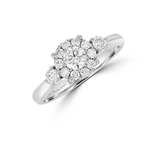 14K White Gold Diamond Cluster Halo Engagement Ring with Side Stones